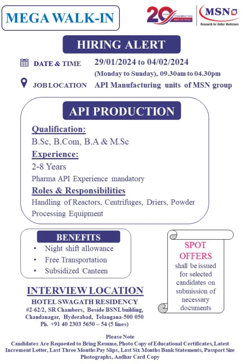 MSN LABS - Mega Walk-In Interviews for API Production, Peptide R&D, Process R&D, TSD, Engineering Services on 29th Jan - 4th Feb 2024
